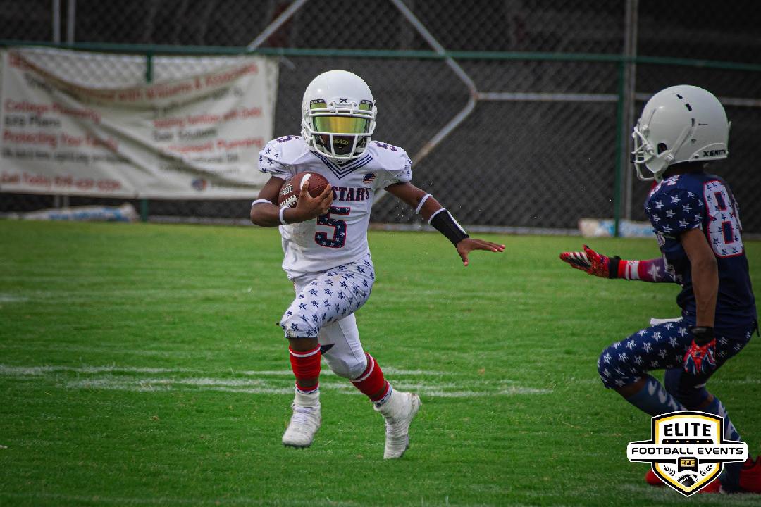 All Star athlete breaking away with the football during a showcase game